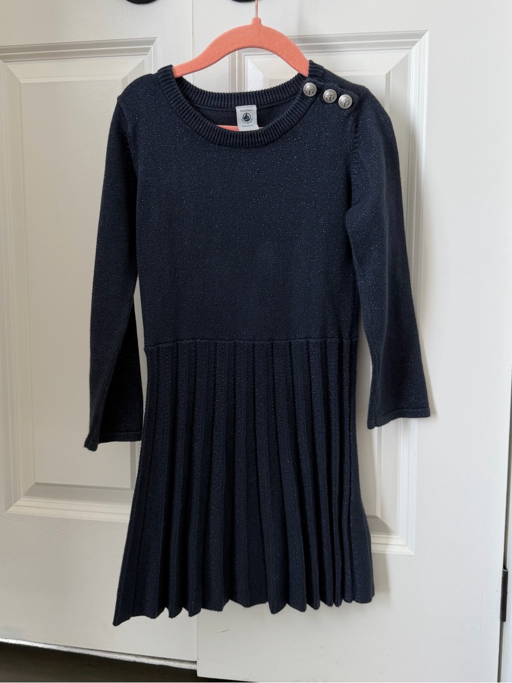 Petite Bateau Girls Navy Long-Sleeve Pleated Knit Dress